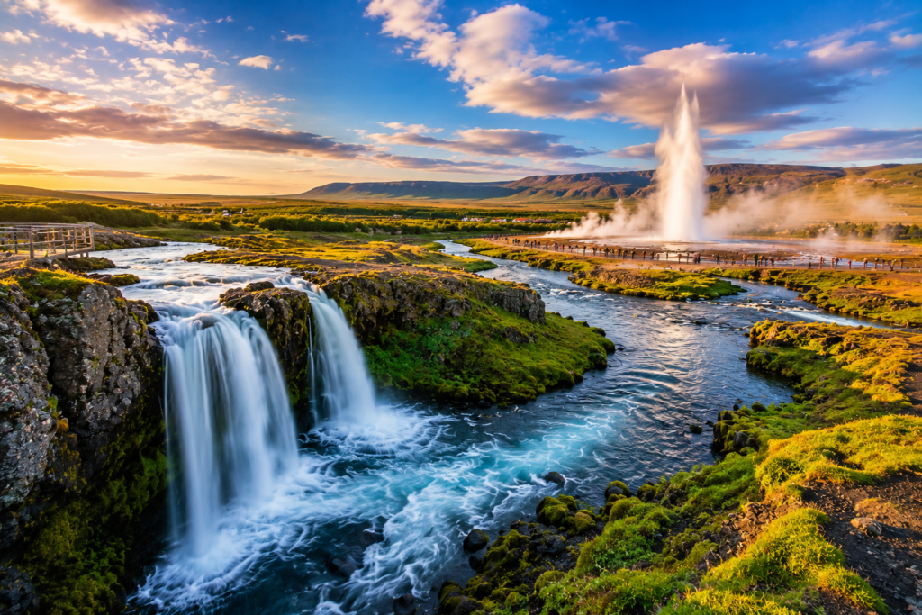 Explore Iceland's iconic Golden Circle featuring Gullfoss Waterfall, the Geysir geothermal area, and Thingvellir National Park with a customized itinerary by MS Travel Concierge.