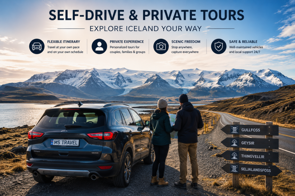 Enjoy a personalized self-drive or private tour across Iceland's breathtaking landscapes, including the Ring Road and iconic attractions, with MS Travel Concierge.