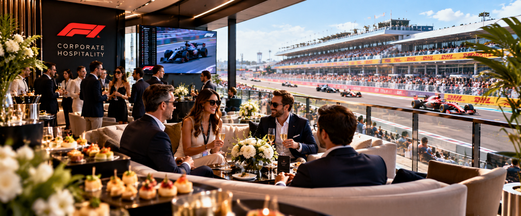Corporate Formula 1 hospitality suite overlooking the racetrack for client entertainment and networking