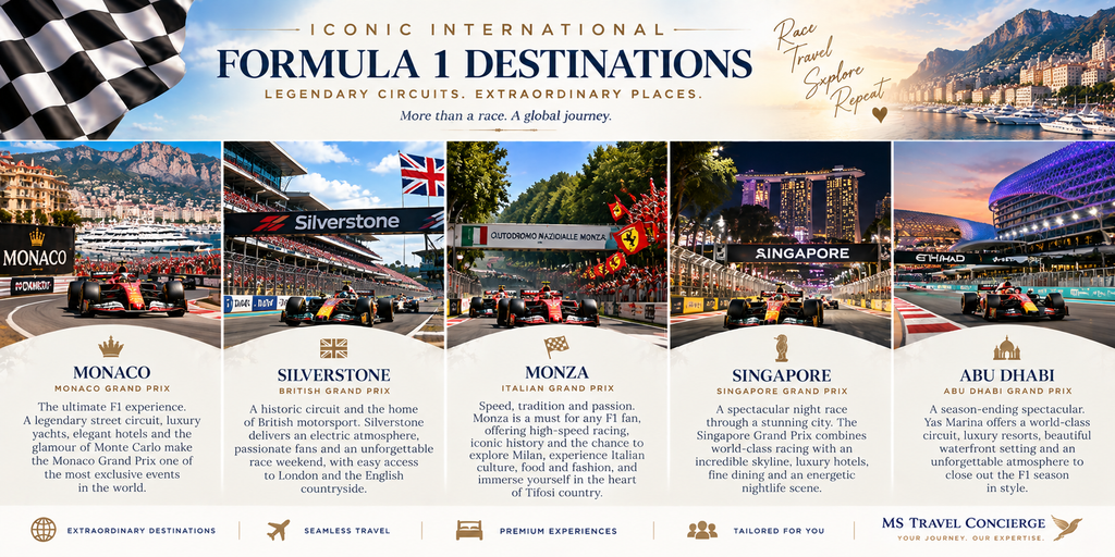 Iconic international Formula 1 destinations including Monaco, Silverstone, Monza, Singapore and Abu Dhabi